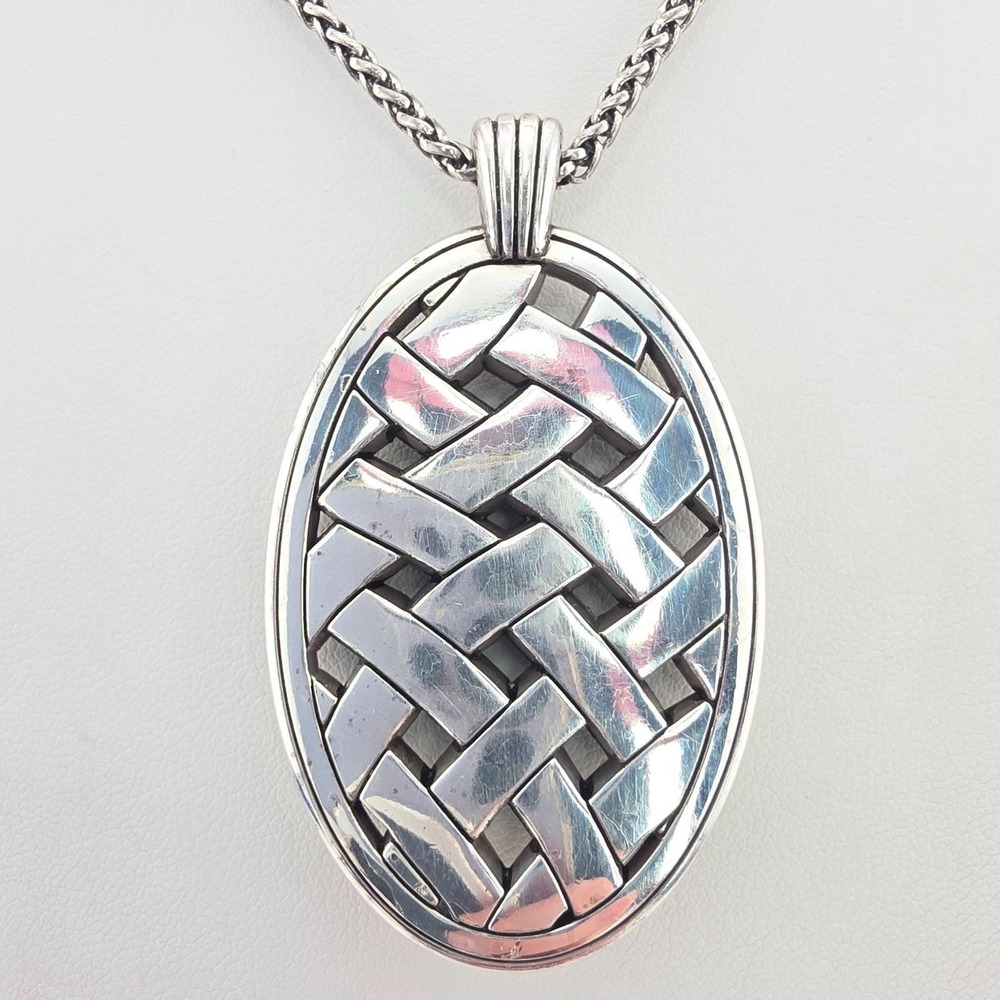 BRIGHTON 'Via Veneto' Necklace Basket Weave Pendent Silver Plate Long  34"